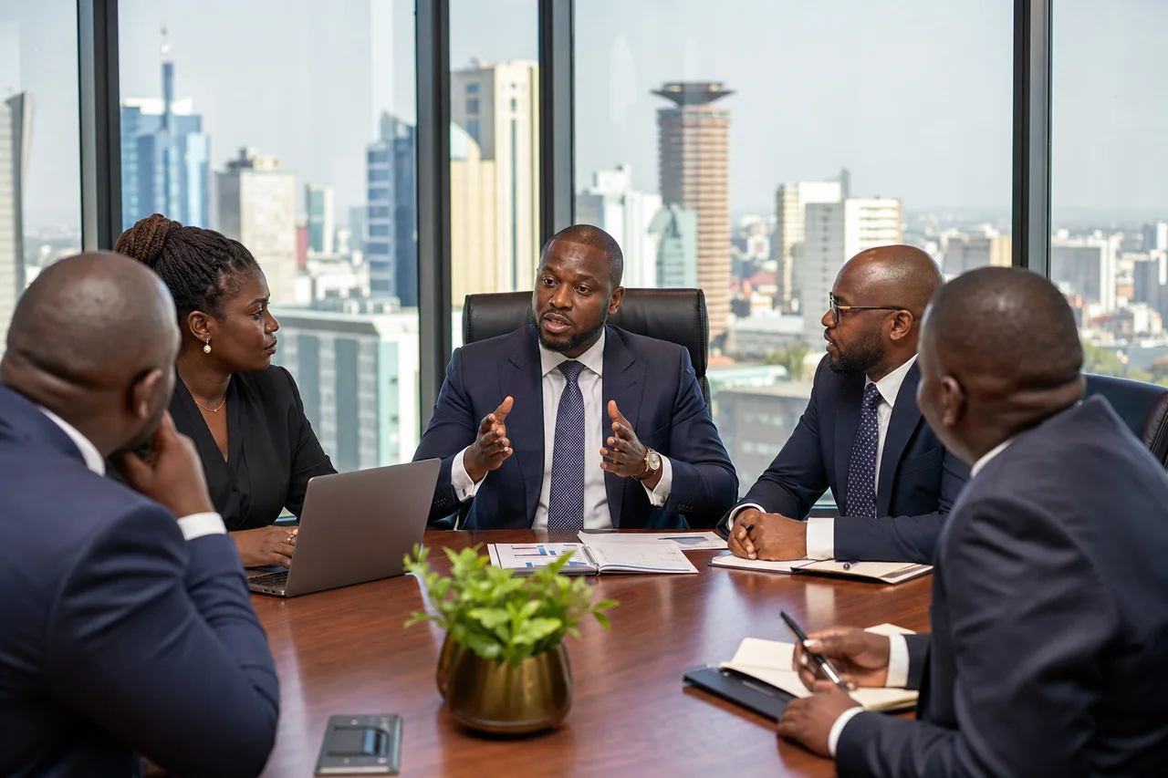 East African CEO and CPA advisor reviewing integrated service capabilities during an executive strategy session