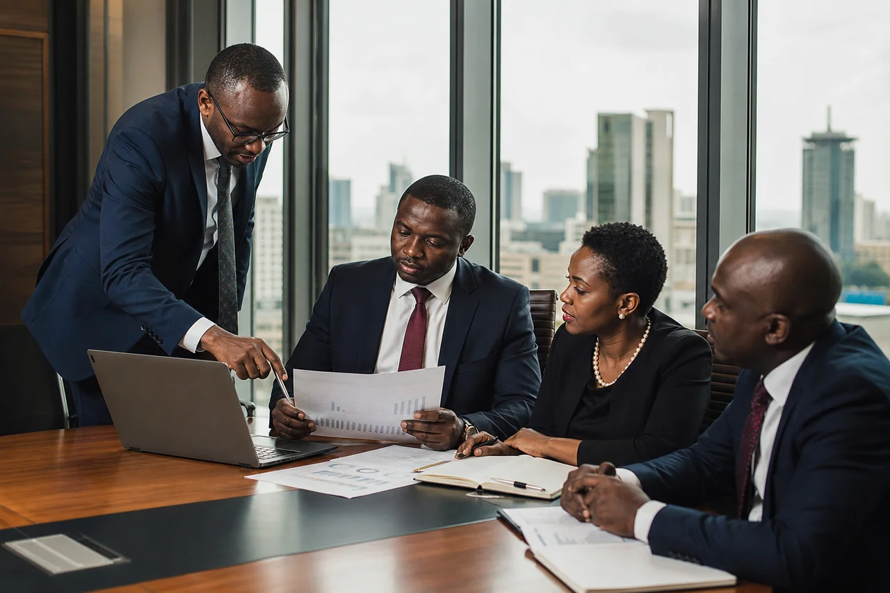 Kenyan CPA presenting financial insights to a CEO and leadership team in a Nairobi boardroom with city views