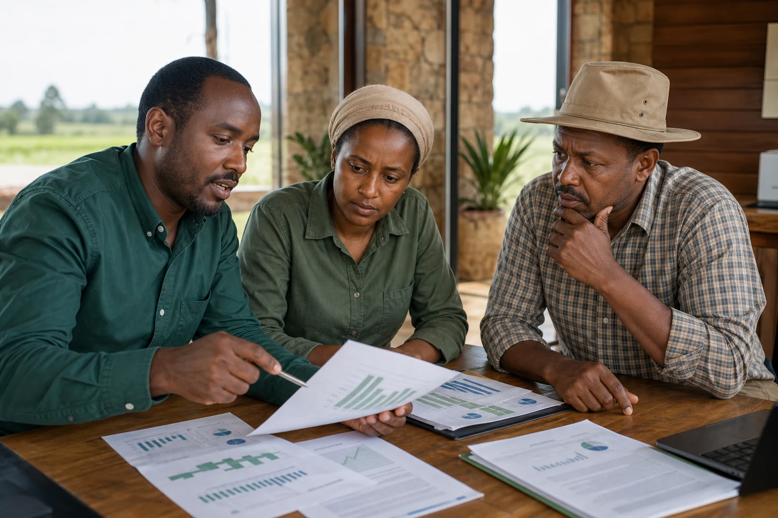 Agribusiness owners reviewing profitability and investment performance with an advisor