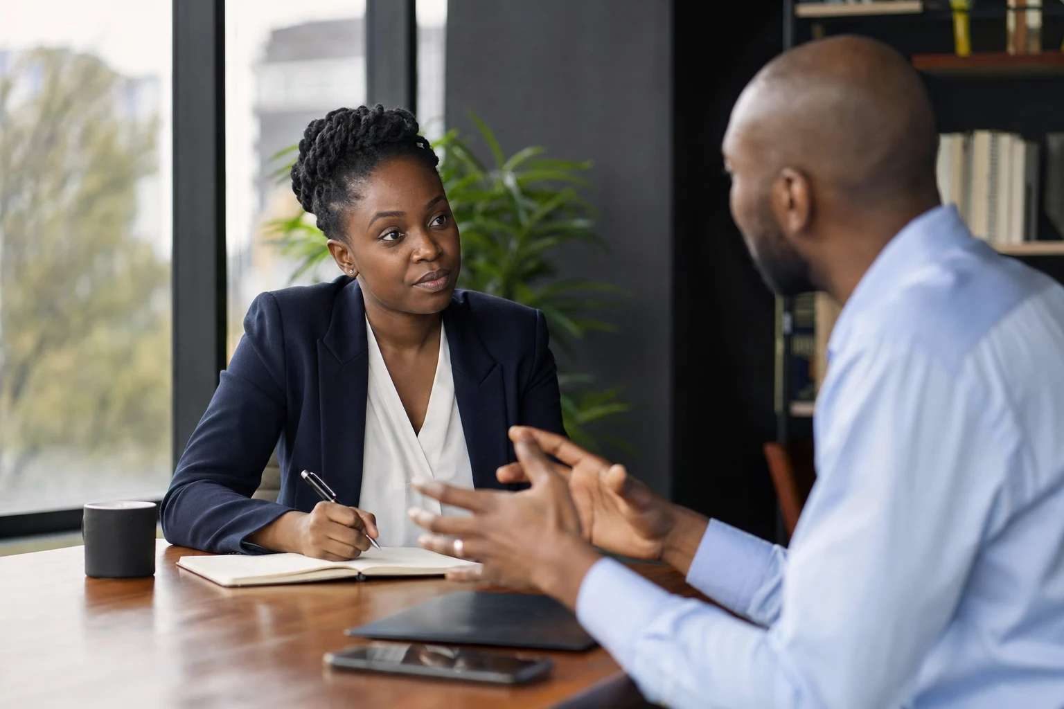 Advisor listening attentively as a client explains their business objectives and concerns