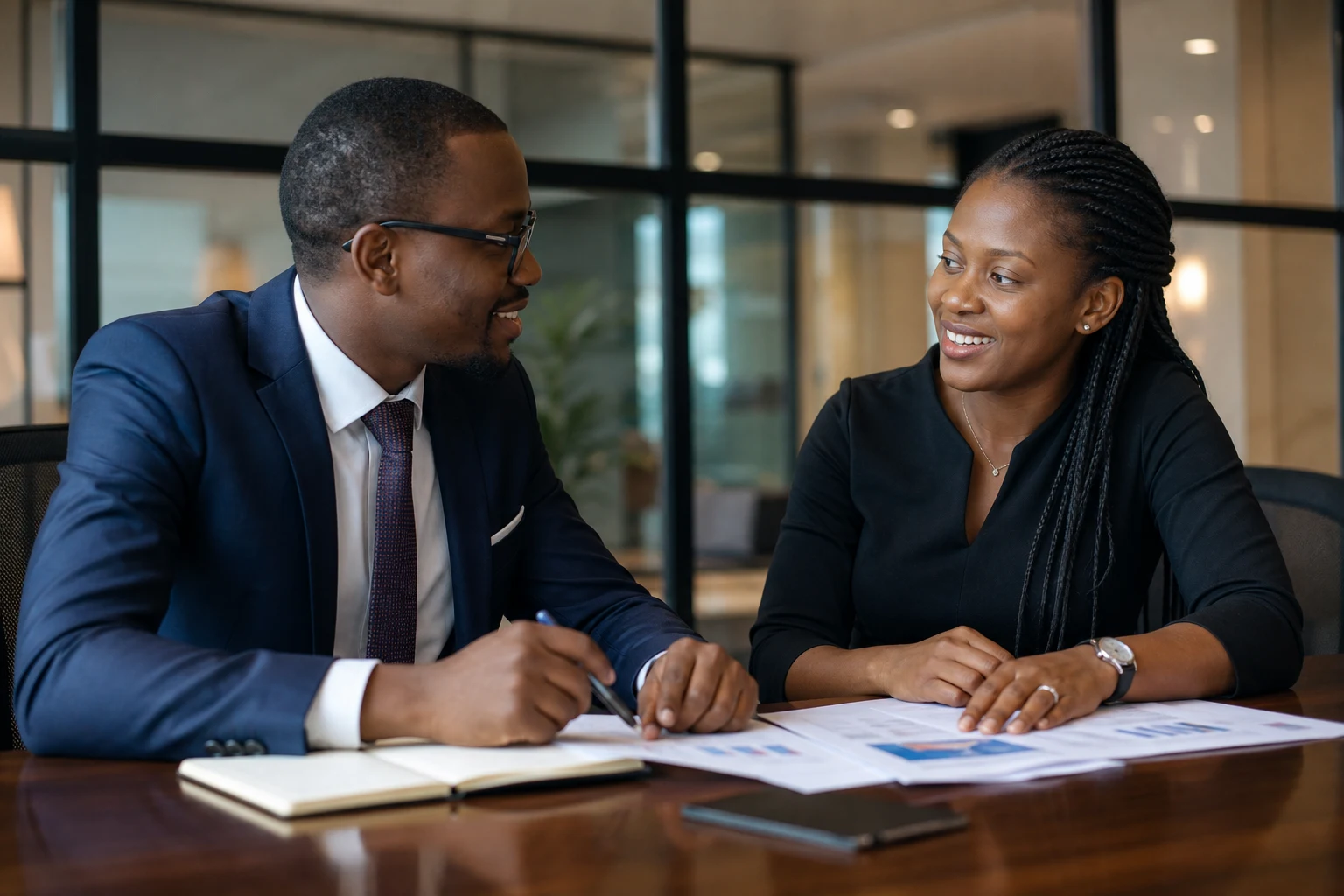 Long-term advisory relationship meeting between advisor and returning client