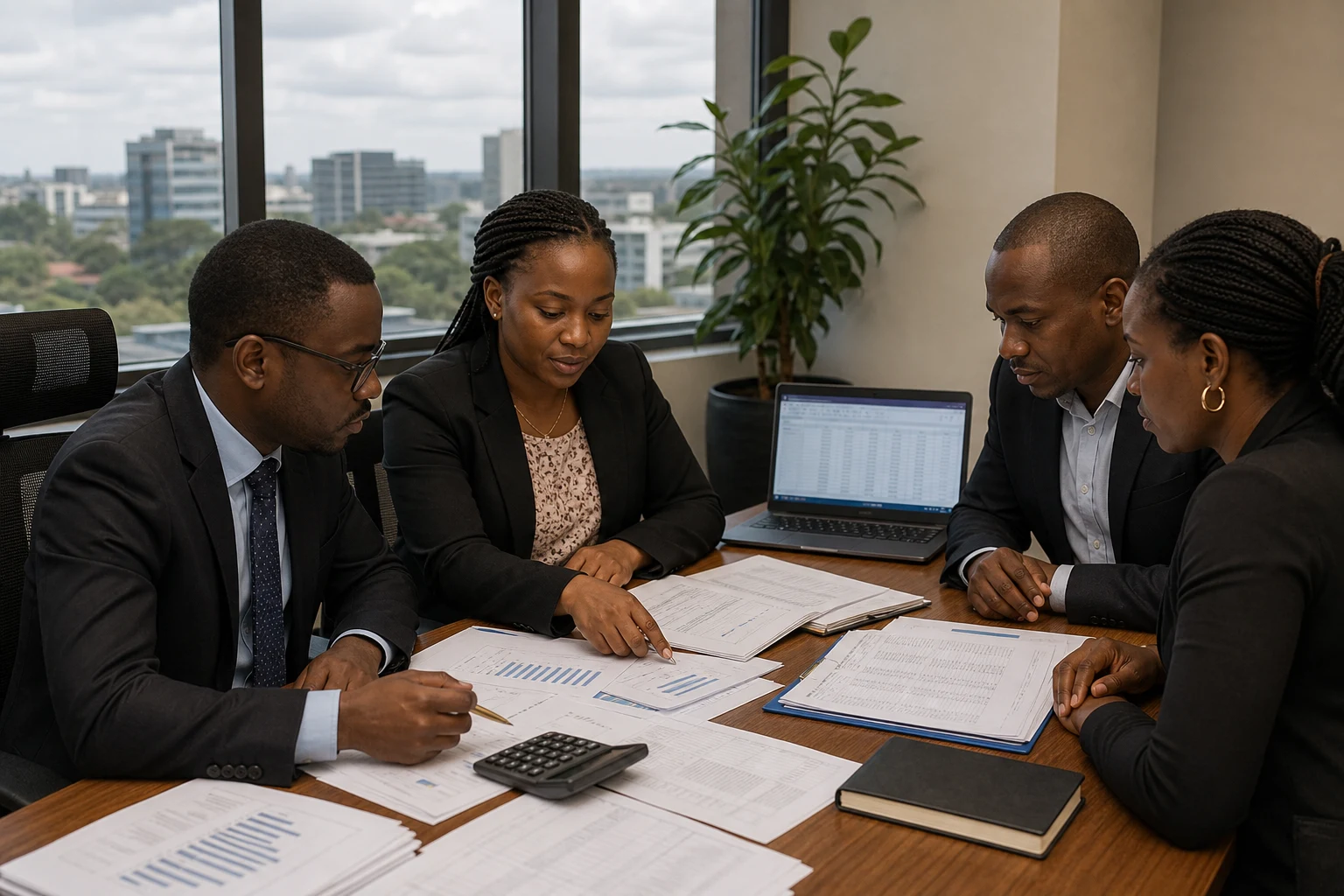 African audit team reviewing audited accounts with working papers, calculator, and laptop visible