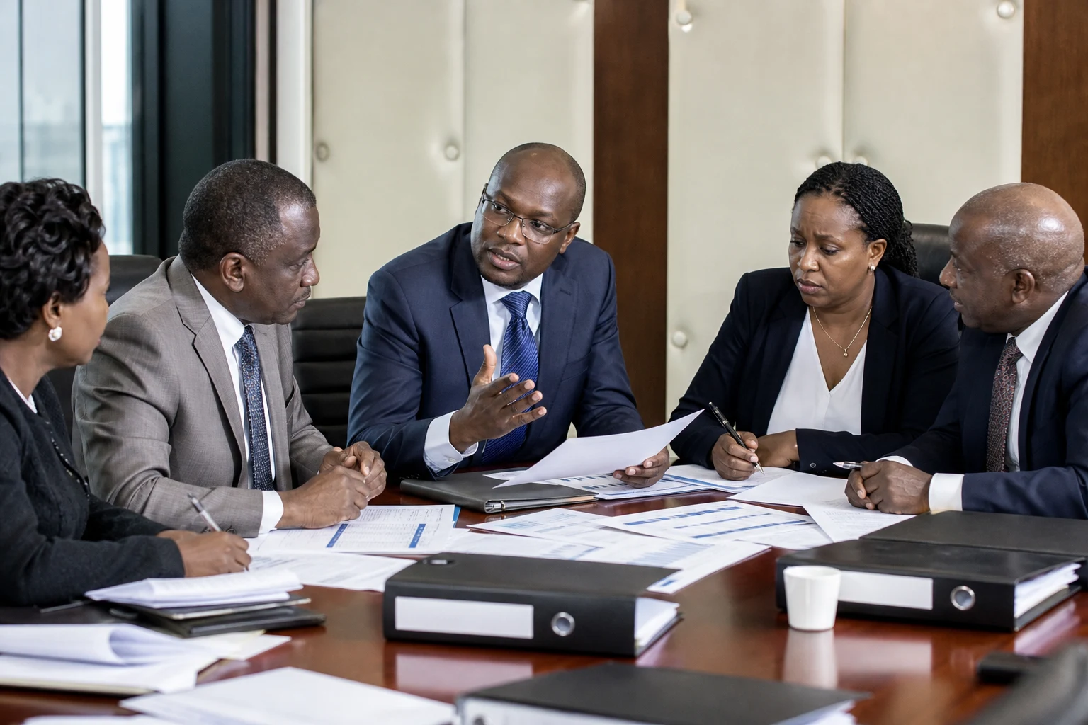 Governance committee reviewing risk reports and compliance documentation with an advisor